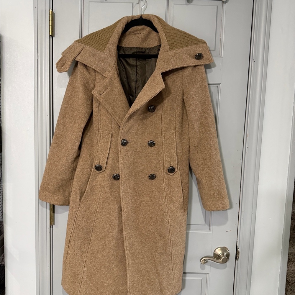 Vintage 1970s Calvin Klein Camel Wool Double Breasted Trench Coat